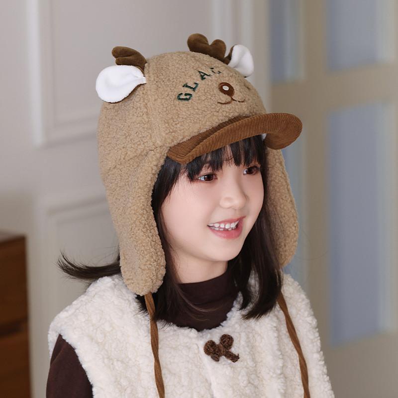 Winter Kids Cartoon Deer Plush Hat With Windproof Ear Flap For Outdoor Warmth