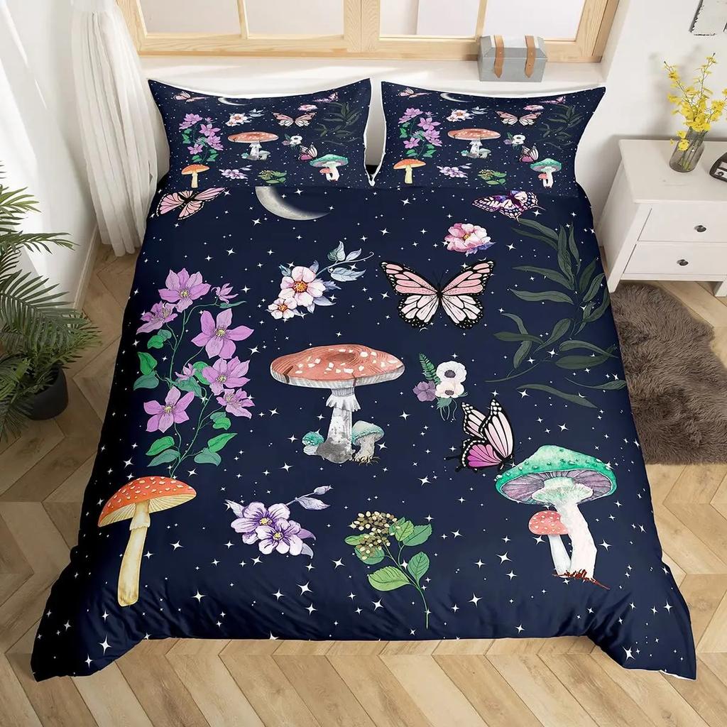 Glitter Starry Sky Galaxy Duvet Cover Mushroom Butterfly Quilt Cover Microfiber Star Moon Palm Leaves Flowers Queen Bedding Set