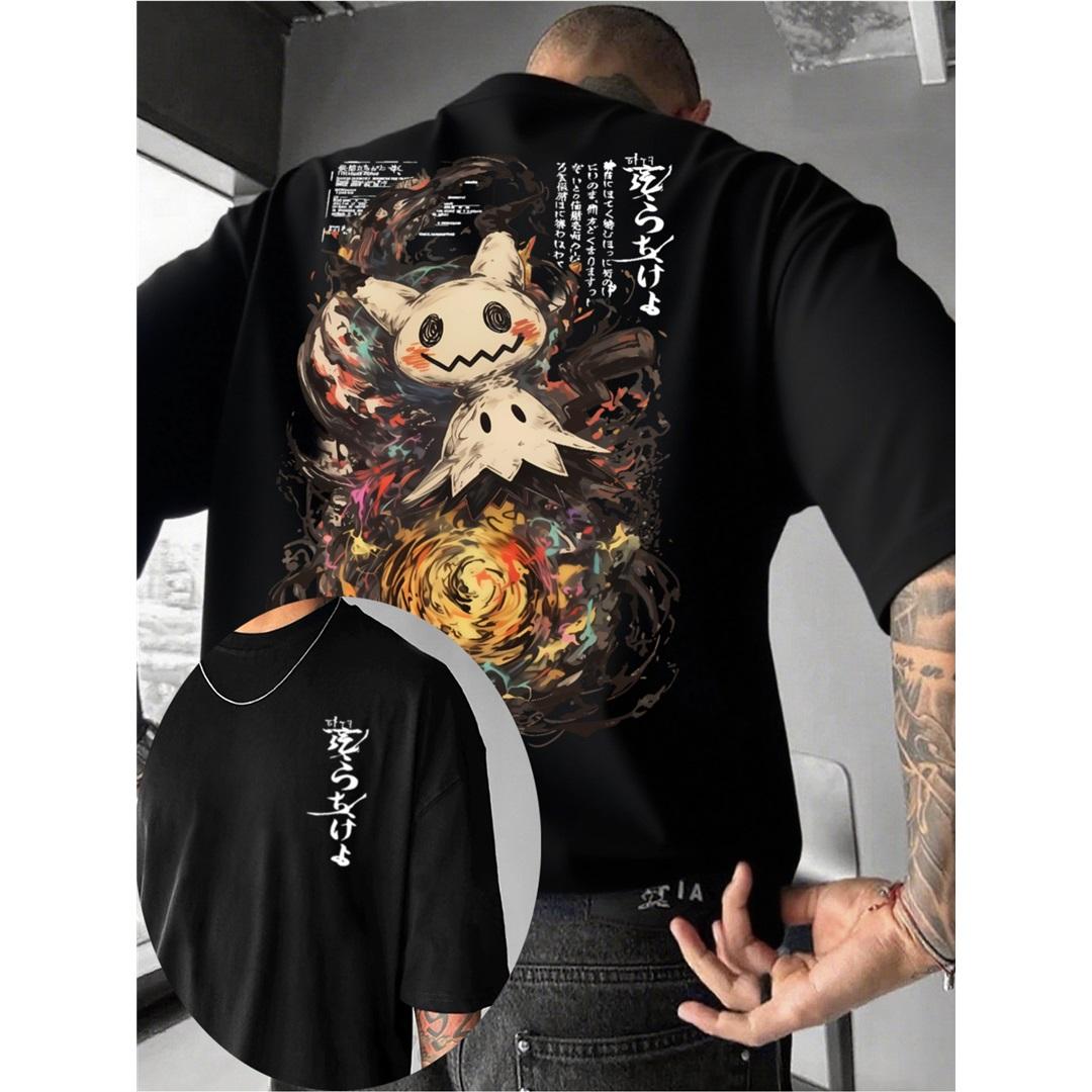 

Men s Casual Short-sleeved T-shirt With Cartoon Character Prints Surrounded By Colorful Flowing Lines Spring And Summer Fashion Round-neck T-shirt XXXL чорний