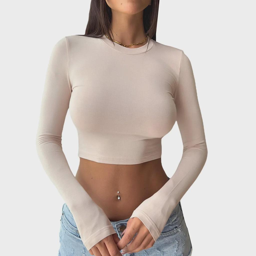 2025 Pure Desire Women's Round Neck Long Sleeve Crop Top - Slimming & Stylish for Spring and Autumn