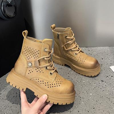 Big Yellow Boots Women's Haute Couture Hollowed Out Martin Boots New Leather Women's Boots Hole Retro Wind Heightening Women's Short Boots