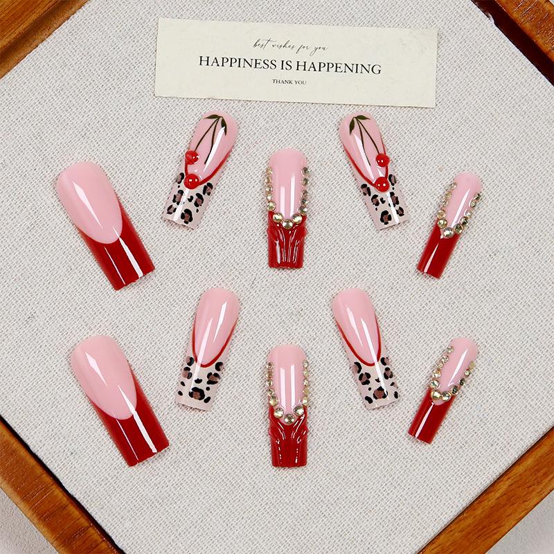 Cross-border European and American long water pipes wear nail leopard print 3D three-dimensional cherry manicure removable fake nail wear nail piece