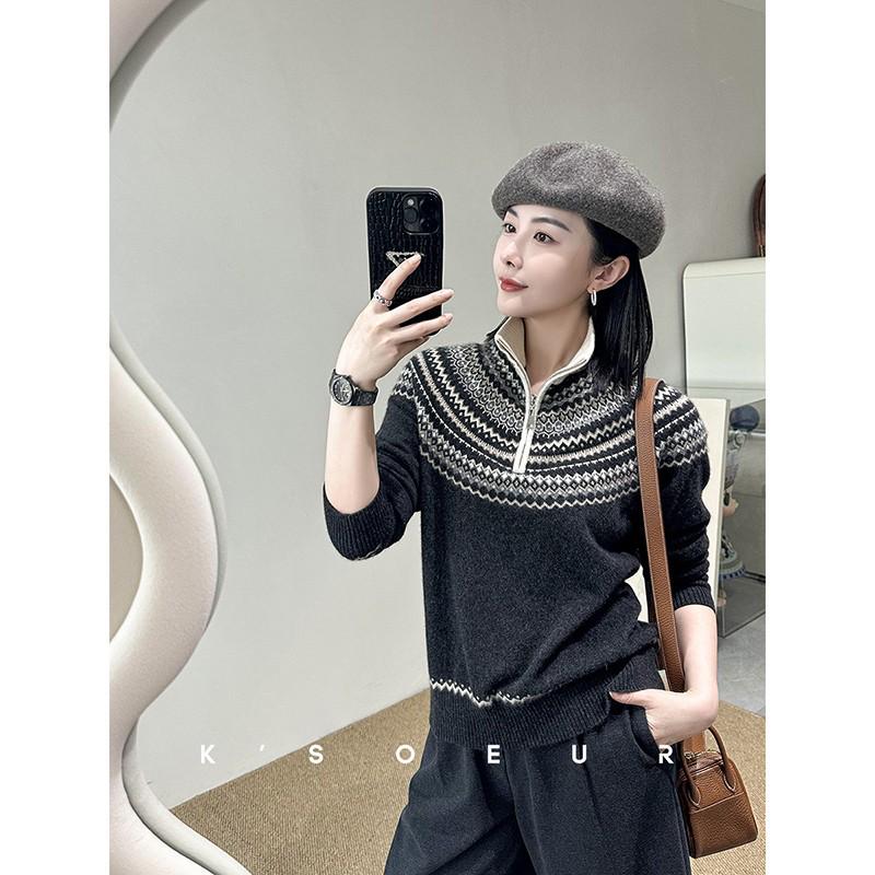 

Свитер Fair Isle из имитации шерсти с модным дизайном на молнии до середины - Трикотаж Cloud-Touch M/Suggested for up to 105 jin