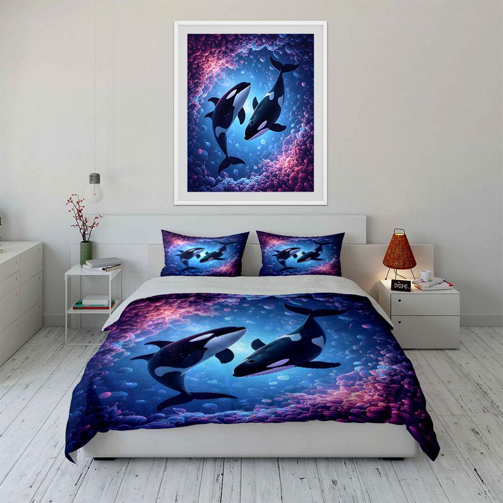 Two Orcas In Enchanted Water Duvet Cover Set With 3D Printing Design Soft Polyester Bedding Set All-Season Comfort For Gifts