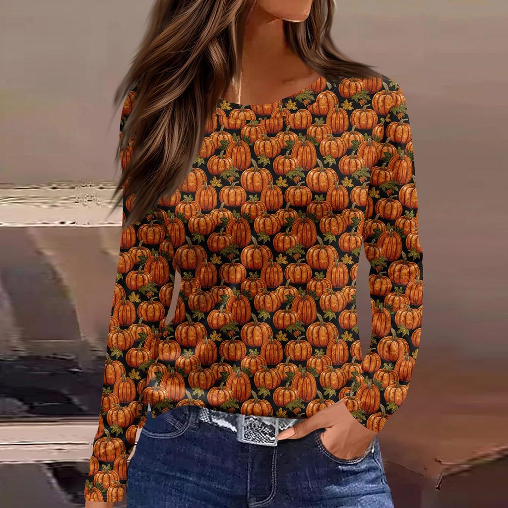 Women's Fashion Hem Slit Casual Halloween Printed Round Neck Long Sleeve Top