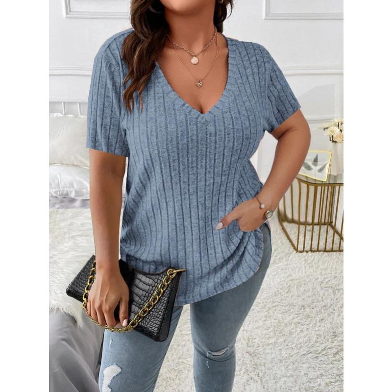 QICED Camicette e camicie da donna con scollo a V, maniche corte, stampa tinta unita casual alla moda