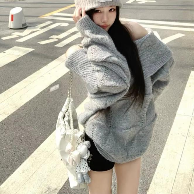 New Fashion Chic Off Shoulder Sweater Women's 2026 Pullovers Autumn Knit Tops Long Sleeve Sexy Elegant Winter Loose Korean Sweaters Basic Clothing