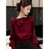 Women's Off Shoulder Bow Sweater Pearl  Long Sleeve Knit Top Winter Autumn Elegant Knitwear