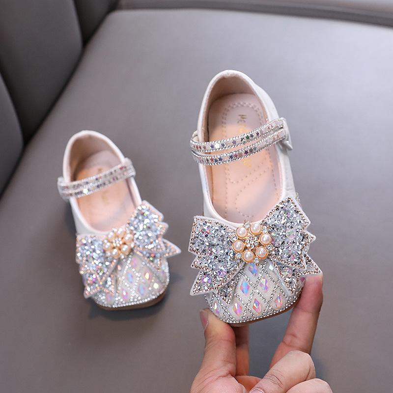 Scarpe Principessa Ragazza Primavera Autunno Fiocco Strass Scarpe in Pelle Bambini Moda Casual Paillettes Bambini Casual Matrimonio Scarpe Piatte