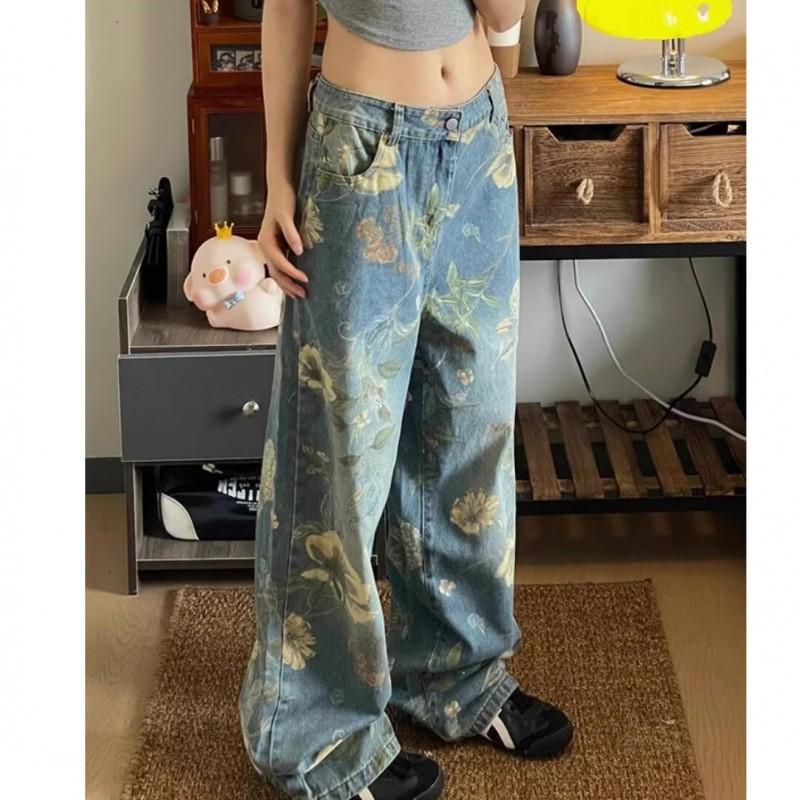 Slimming Floral Print Wide Leg Denim Pants Women Men Loose Fit 2025 Casual Trousers With Washed Effect
