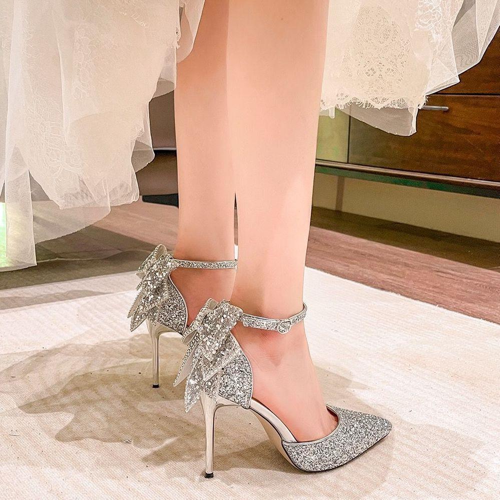 French Silver High Heels Women's Autumn and Winter 2025 Spring and Autumn New Wedding Shoes Rhinestone Bow Sweet Fairy Crystal Shoes