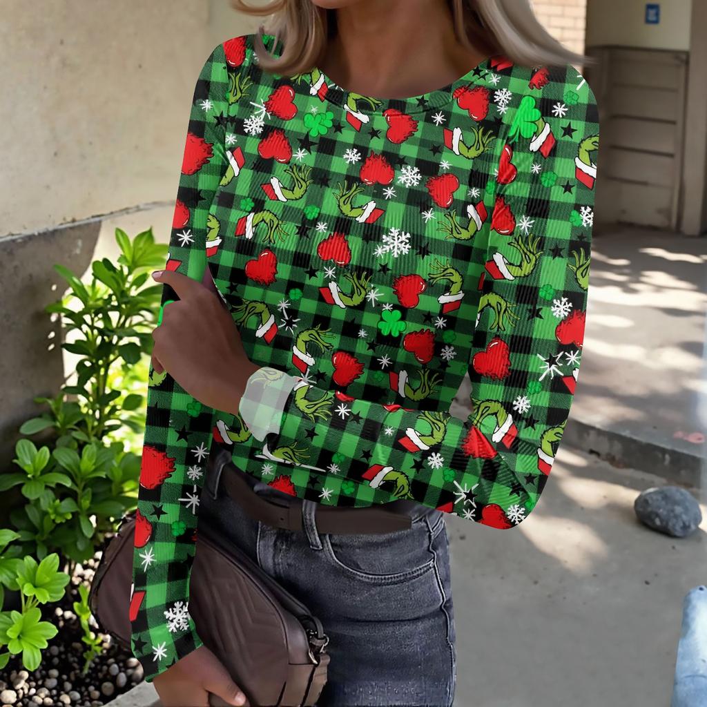 Women's Slim Fit Long Sleeve T-Shirt with Christmas Graphic, Neck Pullover Top for Holiday