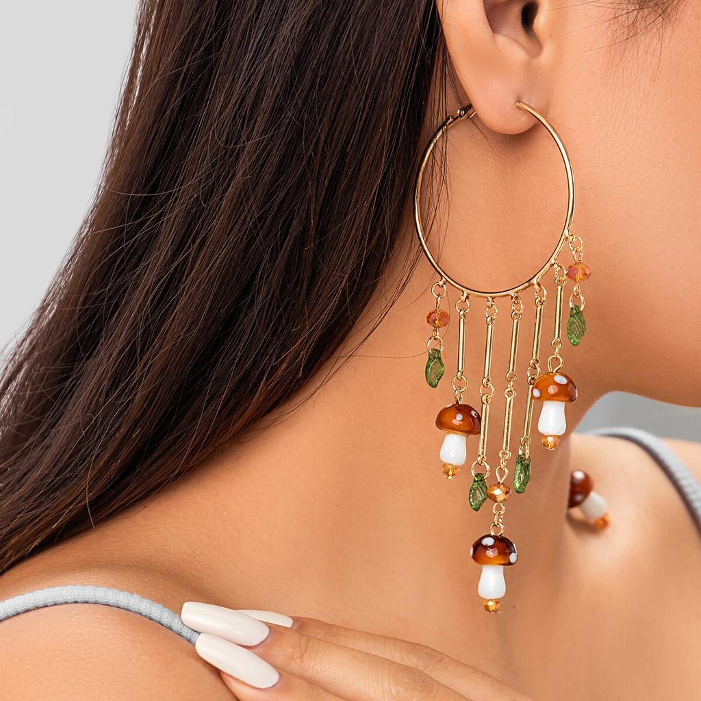 Boucles d'oreilles pendantes longues à pompon en cristal champignon coloré style bohème pour femmes, anneau d'oreille exagéré, tendance, cadeau, bijoux Y2K