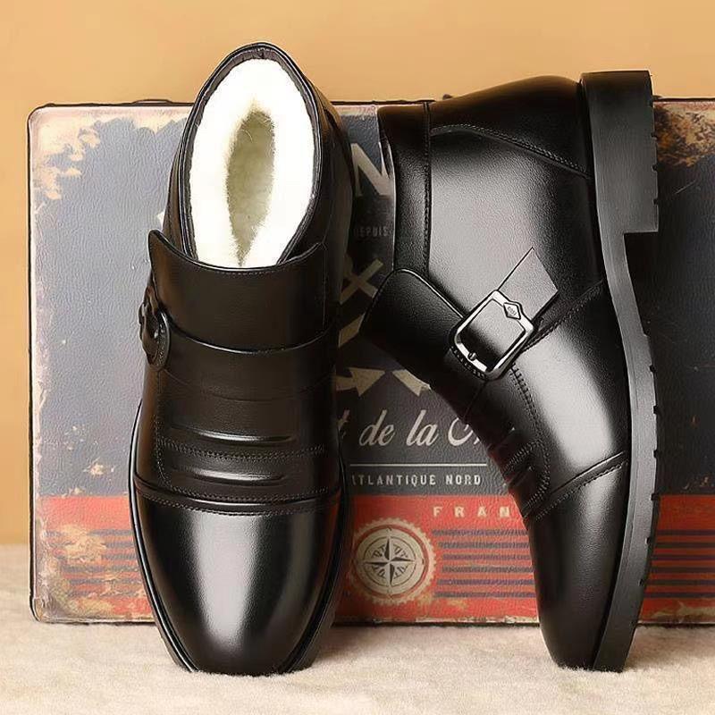 Men's Cotton Shoes with Velvet Warm Versatile Business Casual Leather Cowhide Non-slip Dad Snow High Top