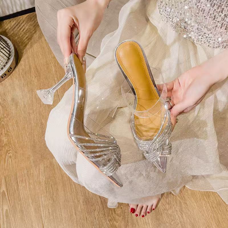 Women High Heeled Sandals 2025 Summer New Clear PVC Sandals Luxury Silver Crystal Pumps Sexy Pointed Toe Banquet Shoes for Women
