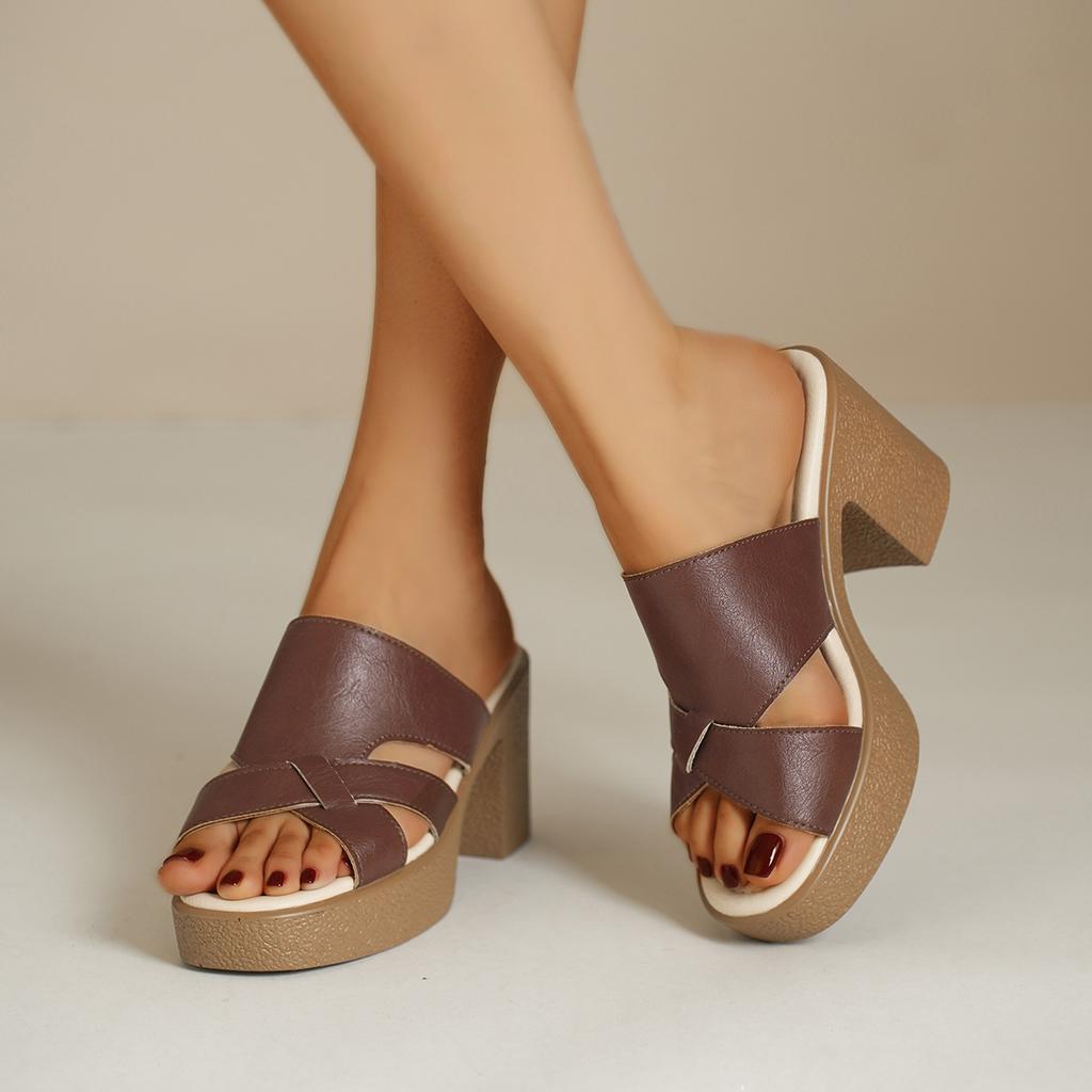 Foreign trade high-heeled cool slippers summer new European and American waterproof table large size one-word solid color thick-heeled slippers spot