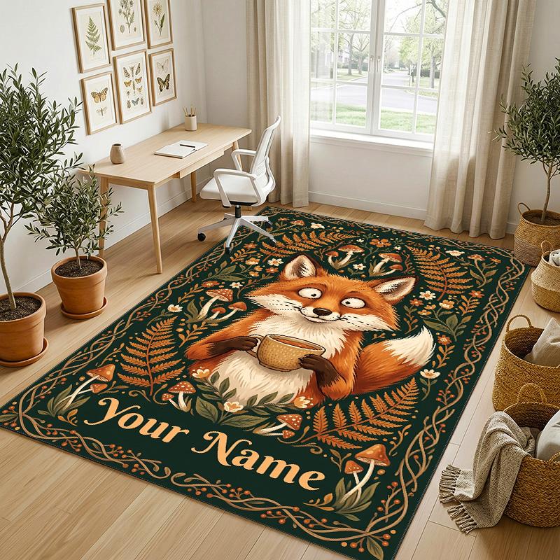 Fox Garden Theme Soft Crystal Velvet Rug Custom Name & Text Print Non Slip Floor Rug for Bedroom Living Room