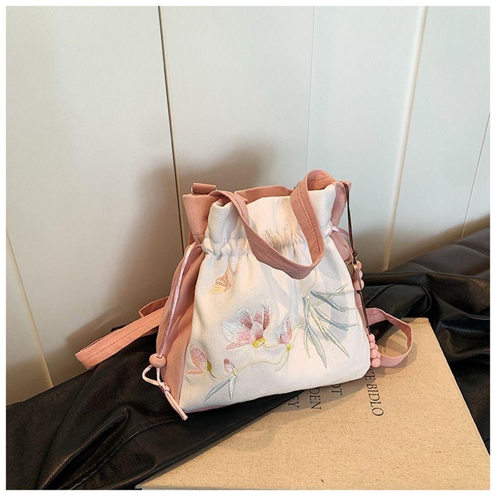 Flower Embroidery Drawstring Bucket Bag Ethnic Style Hanfu Crossbody Bag Shopping