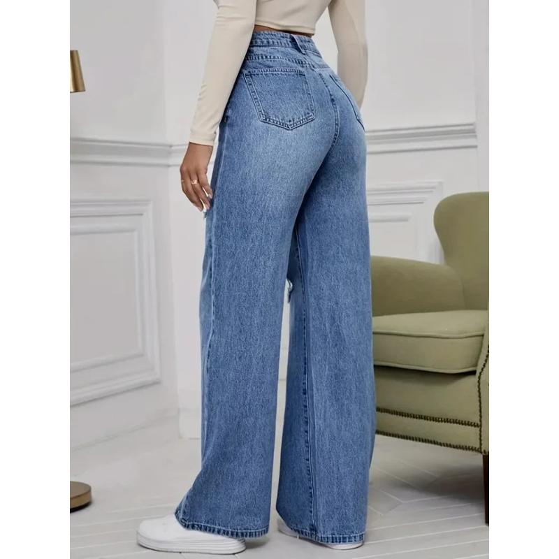 Damenjeans Denimhose Weiter Bein Vintage Used Zerrissen Hose 2026 Streetwear Gewaschen Taschen Bodenlang Loch Jeans