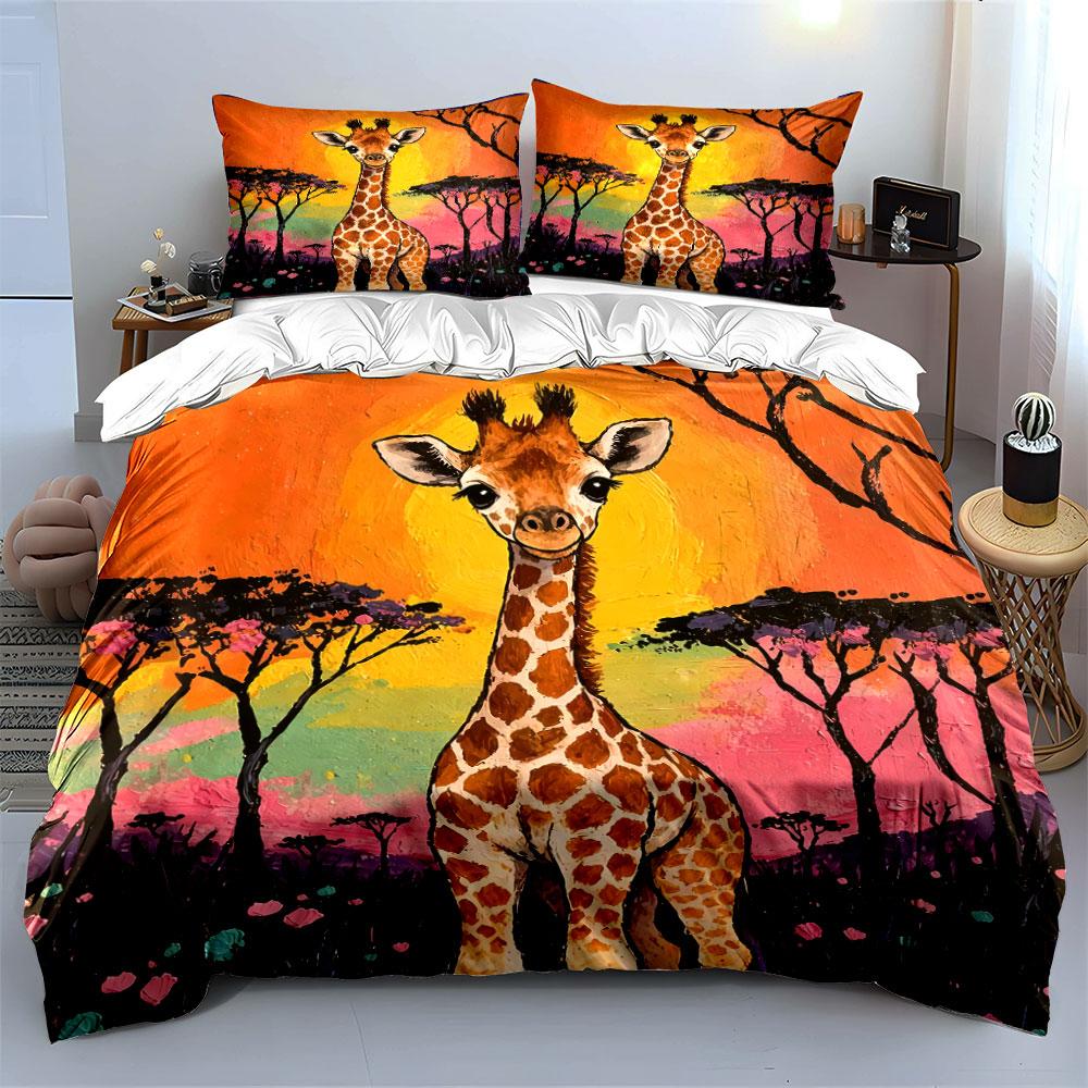Arte Giraffa con Set Copripiumino Safari al Tramonto Copripiumino Federe (1*Copripiumino 2*Federe, senza piumino)
