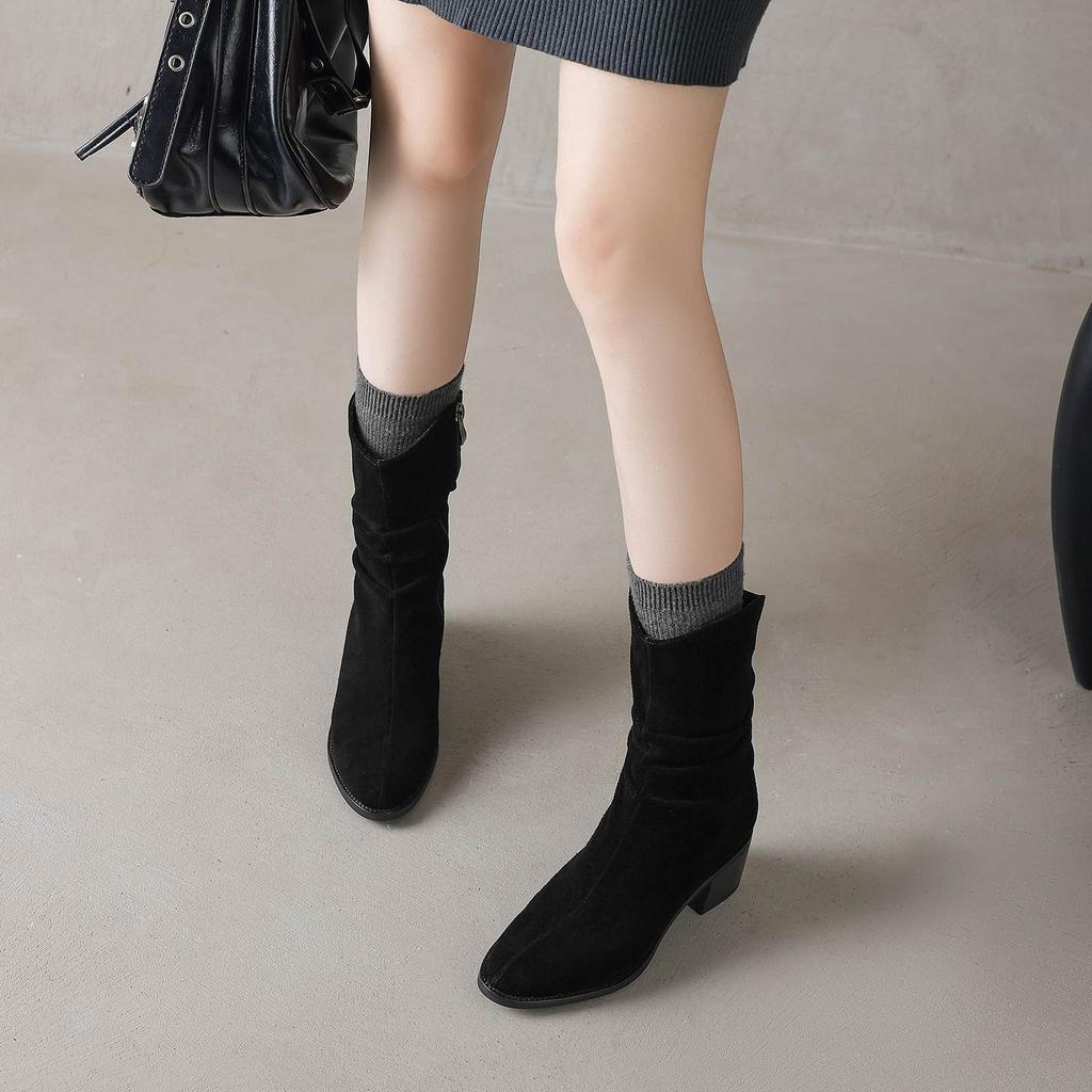 Krazing Pot Cow Suede Nubuck Round Toe Thick Heels Western Boots Size 42 Slip on Women Pleated Decoration Mid-calf Boots