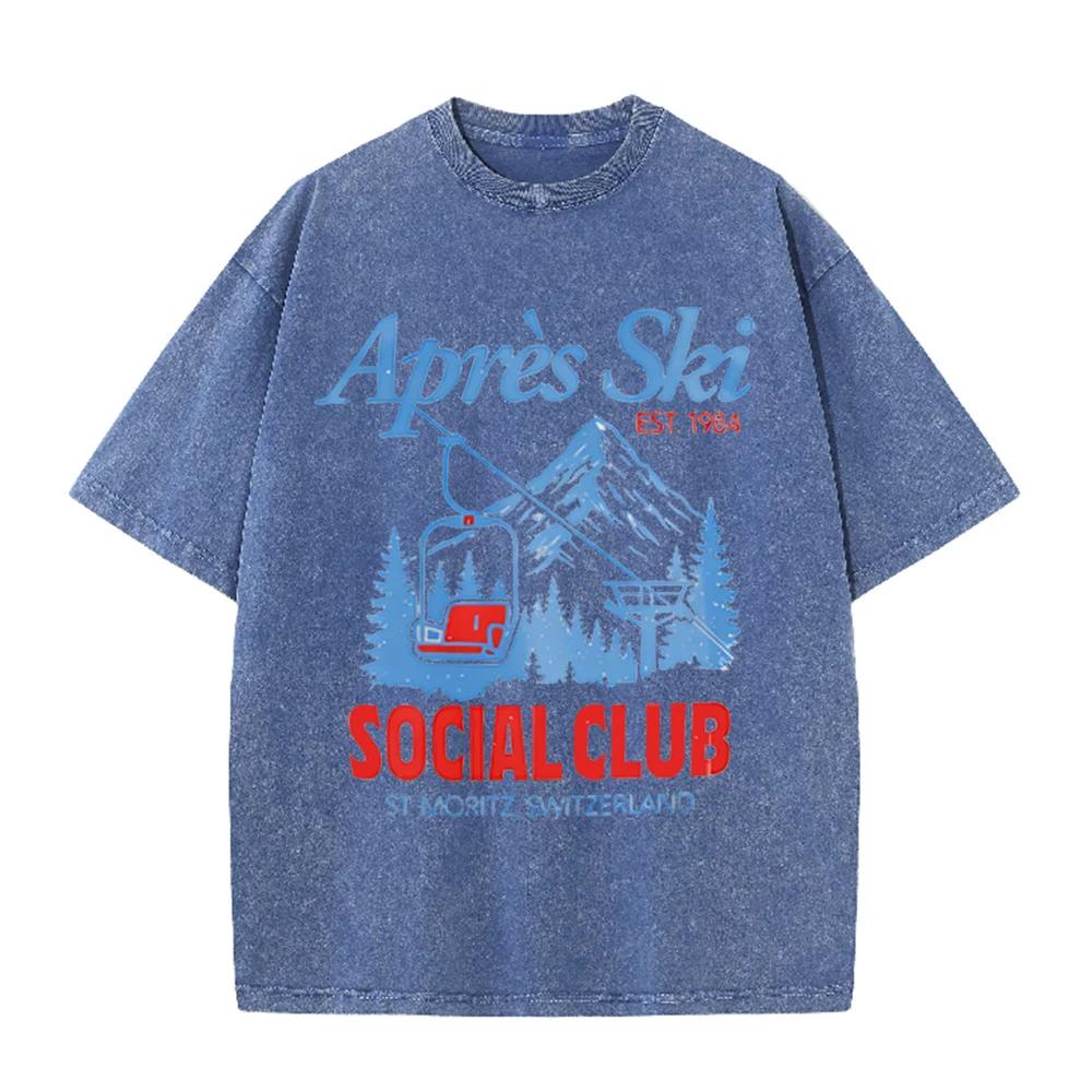 2026 Vintage AprèS Ski Mountain Cable Car Graphic Beige Washed T Shirt St Moritz Switzerland Outdoor Ski Social Club Oversized U