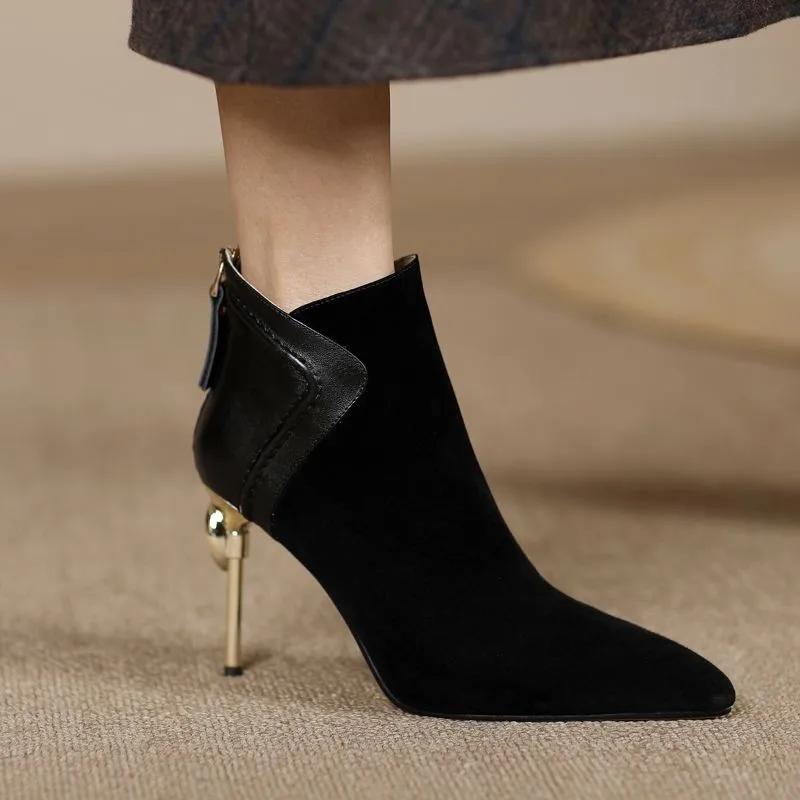 

Sharp pointed short boots, women s slim heels, 2024 autumn and winter new style, high heels, frosted leather fashion boots 34 чорний