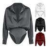 Damen Office Bluse Bodysuit Top Knopfleiste Kragen Langarm Einteiler Arbeitshemd Lässig Lockerer Schnitt Business Tops