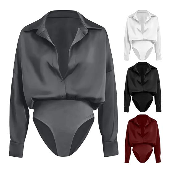 Damen Office Bluse Bodysuit Top Knopfleiste Kragen Langarm Einteiler Arbeitshemd Lässig Lockerer Schnitt Business Tops