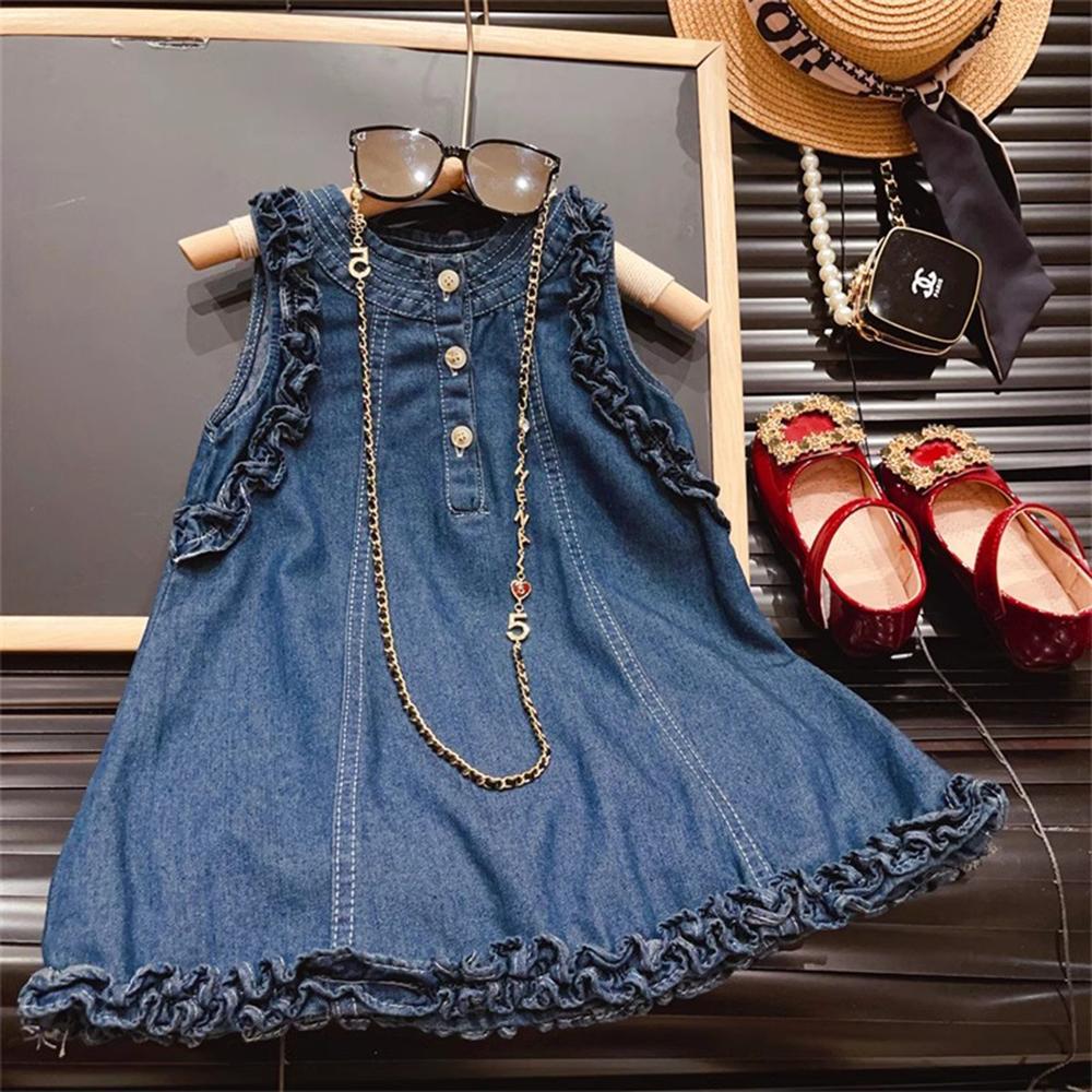 Summer Girl Fungus Edge Solid Color Three-Button Classic Denim Sleeveless Vest Dress