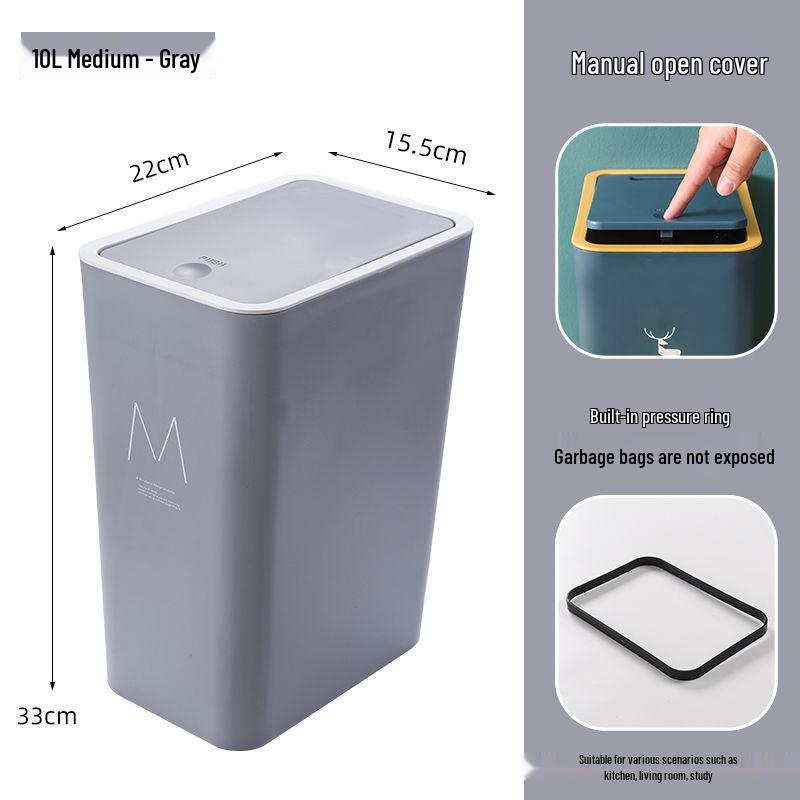 High-Capacity Press-Open Trash Can with Lid for Kitchen & Living Room - Stylish & Popular