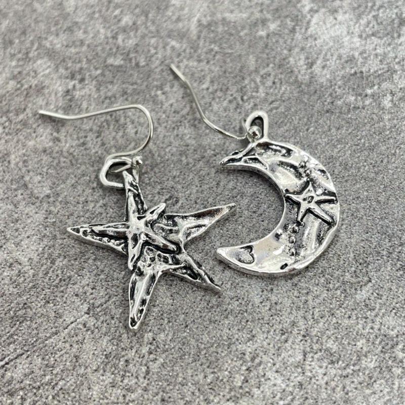 Retro Boho Moon And Star Silvery Dangle Earrings For Women Unique Daily Party Jewelry Birthday Anniversary Mother's Day Gift