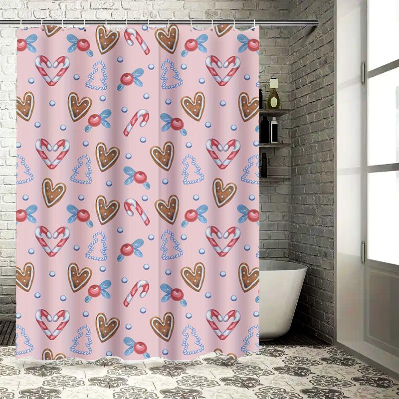 Bathroom Shower Curtain Set with Candy Cane Pattern for Christmas Decorations Pink Waterproof Fabric for Bathrooms