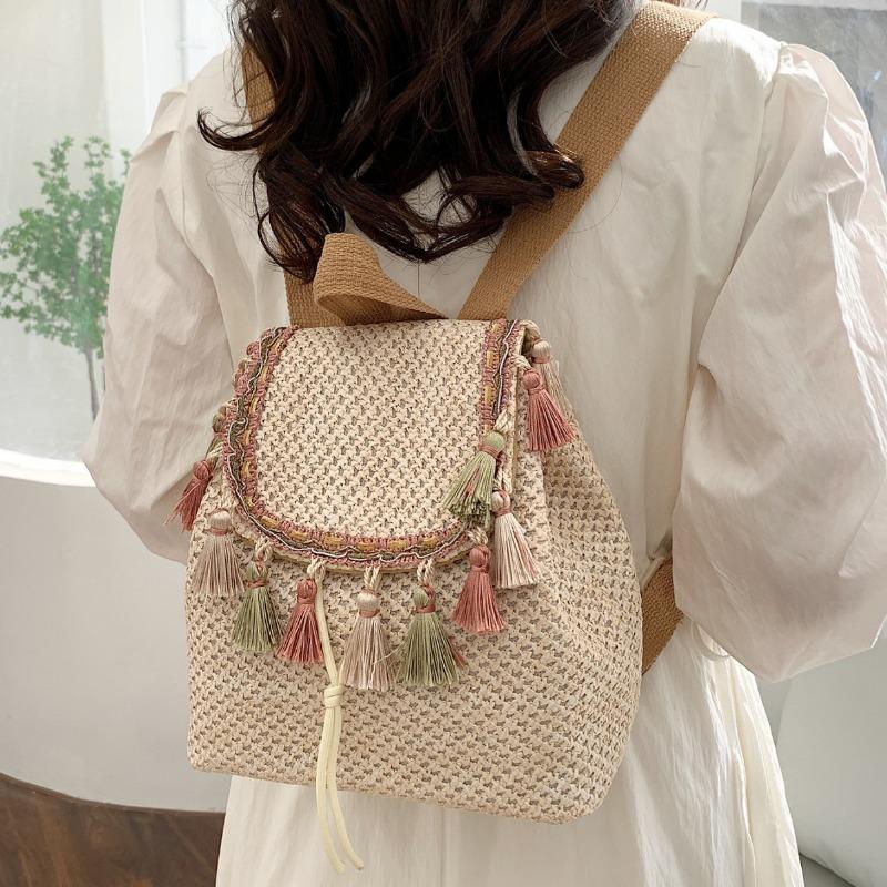 Bohemian Ethnic Style Woven Bag Fringe Backpack Large Capacity Leisure Holiday Straw Bag