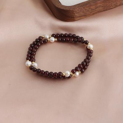 Pulsera de Granate Natural y Perla de Agua Dulce Pulsera de Piedra Natural y Cristal Diseño de Pulsera Regalo