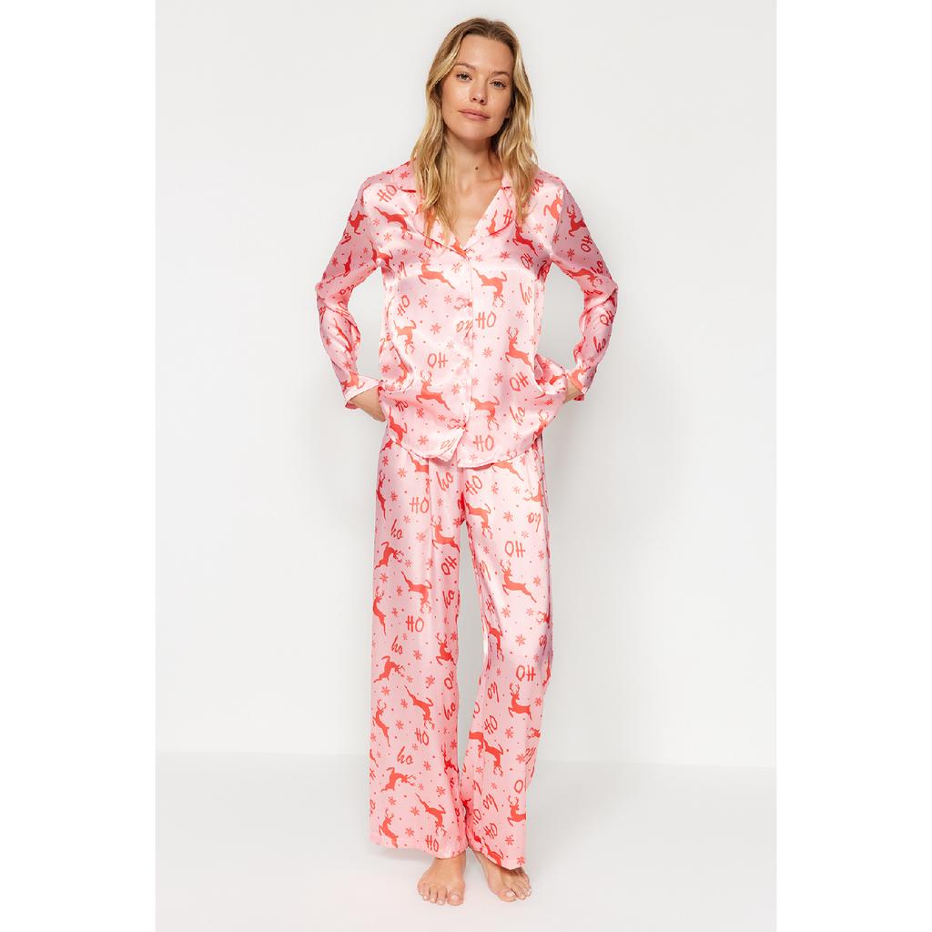 Set de pijama țesute cu pantaloni-cămașă din satin cu tematică de Anul Nou bleumarin-multicolor Thmaw24pt00037