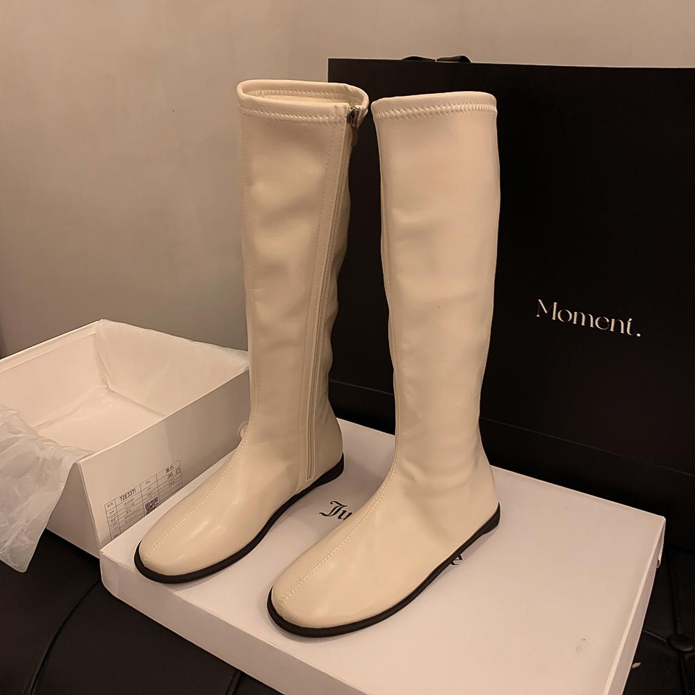 Beautiful Tube Thin Rad But Flat Single Boots Knight Boots Versatile Korean Version Tall Boots Female White Round Head Thin Long