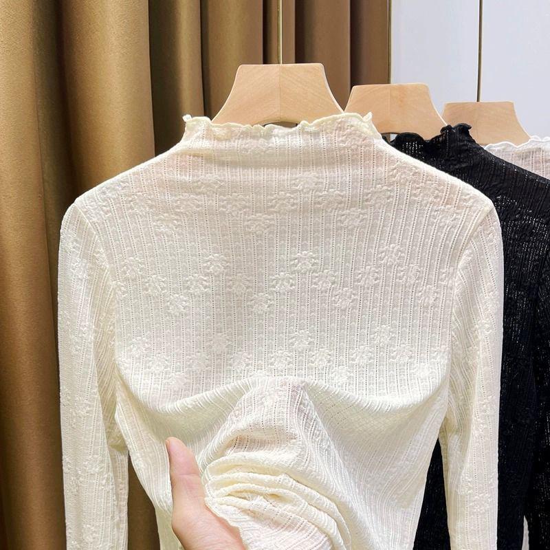 

Women s Autumn/Winter Lace Long-Sleeve High-Collar Top 2XL (up to 135 lbs) белый