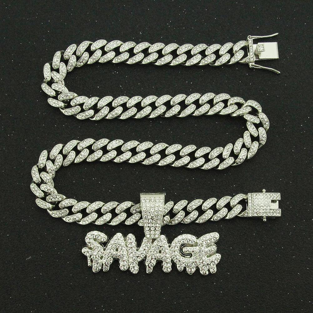 Full Diamond Splicing Letter Pendant Cuban Chain, European and American Hip-hop Necklace Personalized Men's Sweater Chain, Trendy Accessories