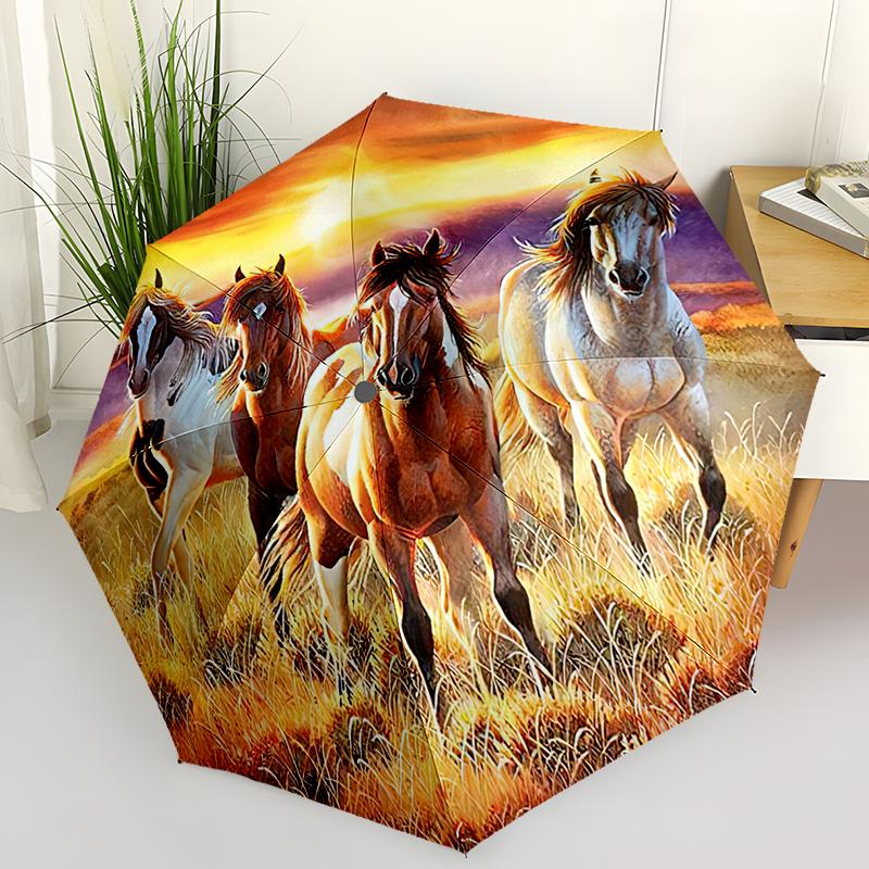 Automatisch faltbarer Regenschirm mit Pferde-Muster - Kompaktes 8-Rippen-Design, Geeignet für den Außenbereich, Täglichen Gebrauch, Das Beste Geschenk