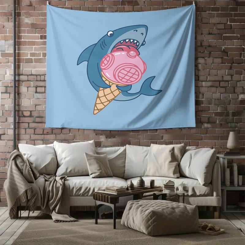 Ice Cream Shark Tapestry Wall Hanging Aesthetic Room Decor Beach Blanket Dorm Twin Size Cool Gift