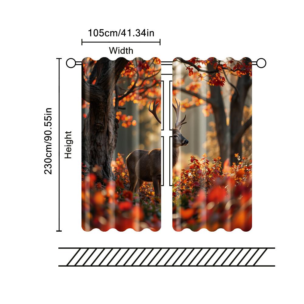 2 Pcs, Filtering Curtains (excluding Rods, Non-movable, Without Batteries) Forest Deer for Use In Bedrooms and Living Rooms