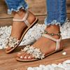 Women's Elegant Floral Embellished Slip-On Sandals  Lightweight Flat Sandals with Elastic Ankle Strap, Open-Toe Summer Beach Shoes