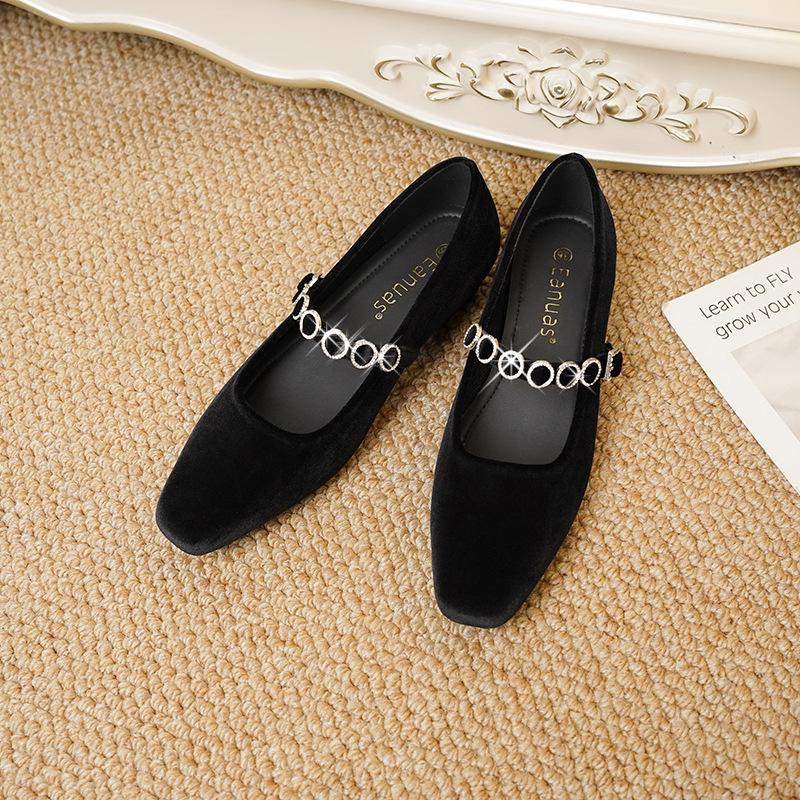 Retro Square Head Satin Thick Heel Light Mouth One-word Diamond Strap Small Low Heel Suede Mary Jane Single Shoes Elegant