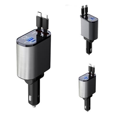 Retractable Car Charger, 4 In 1 Fast Car Phone Charger 120W, 2 Retractable Cables and USB Car Charger,Compatible iOS,