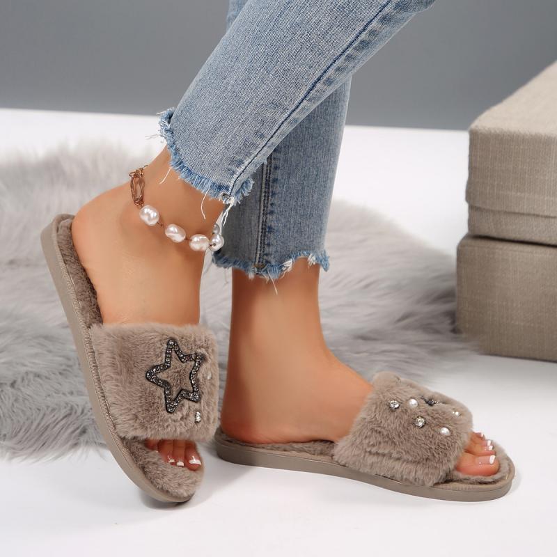 Fashion Punk Glitter Star Decoration Cotton Slides Women 2025 Winter Warm Short Plush Flat Heel Slippers Comfort Soft Indoor Slipper