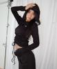CHICKS Ribbed Shirred Hooded Long Sleeve T-Shirt Black