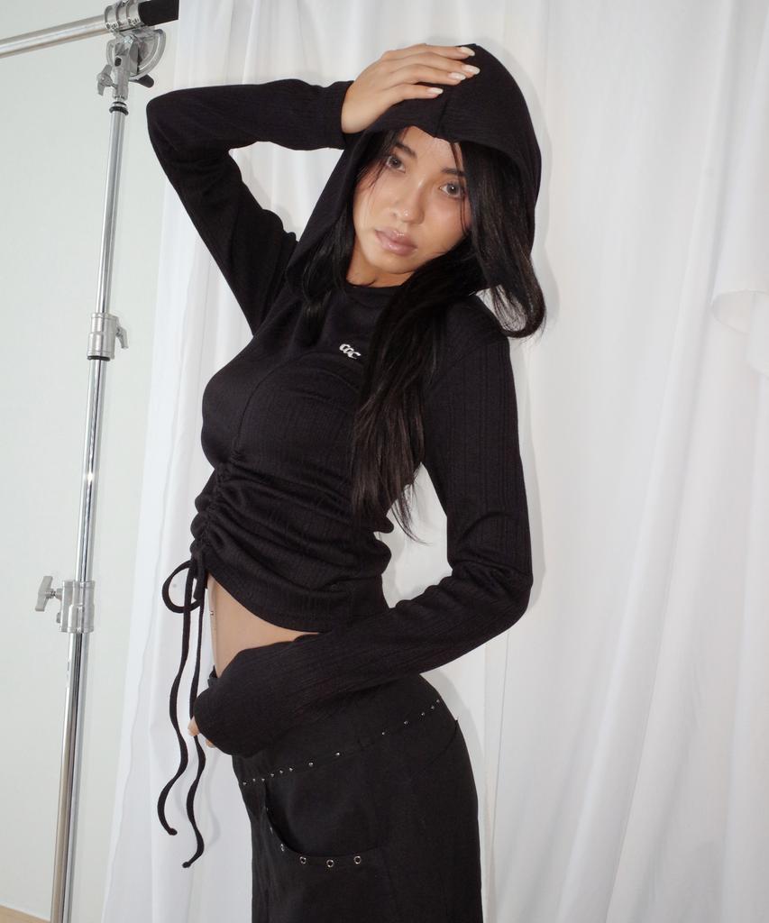 CHICKS Ribbed Shirred Hooded Long Sleeve T-Shirt Black