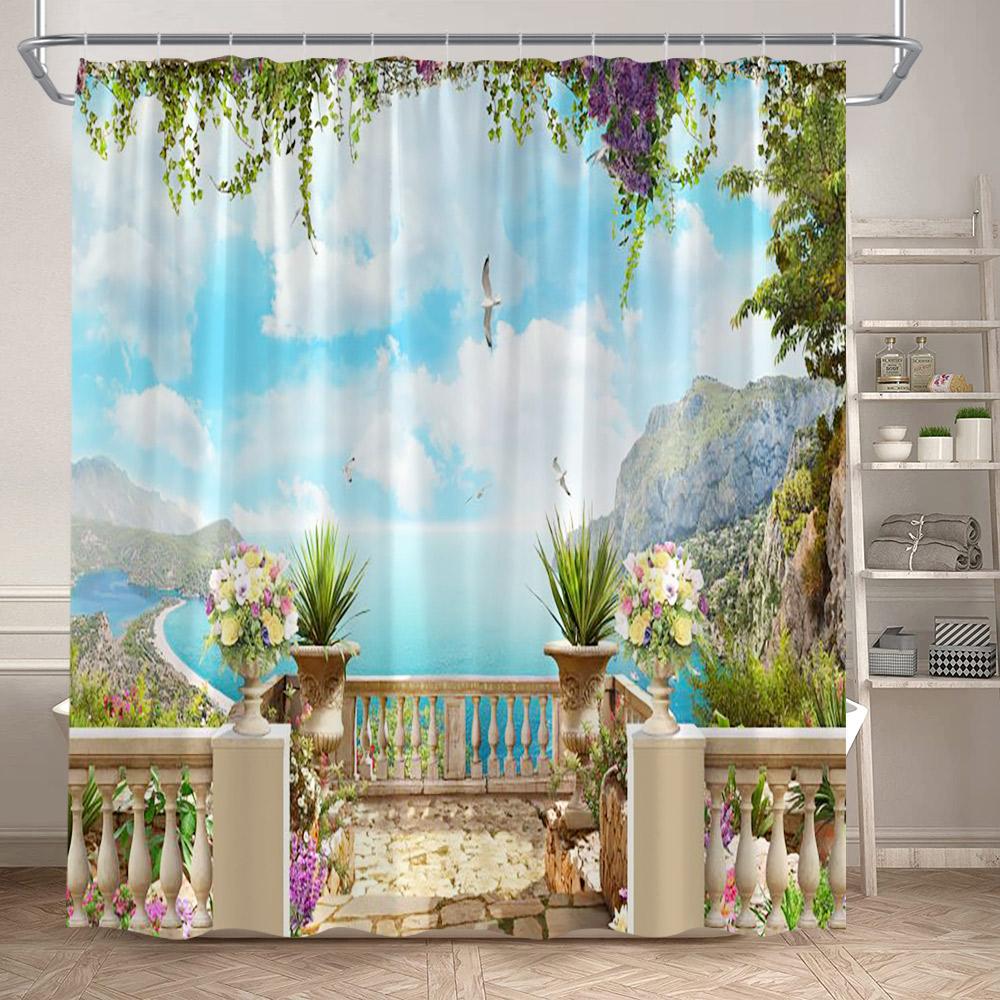 Tende da Doccia con Vista sull'Oceano Spiaggia dell'Isola Alberi di Cocco Hawaii Paesaggio Naturale Tessuto da Appendere alla Parete di Casa Decorazione per Tende da Bagno
