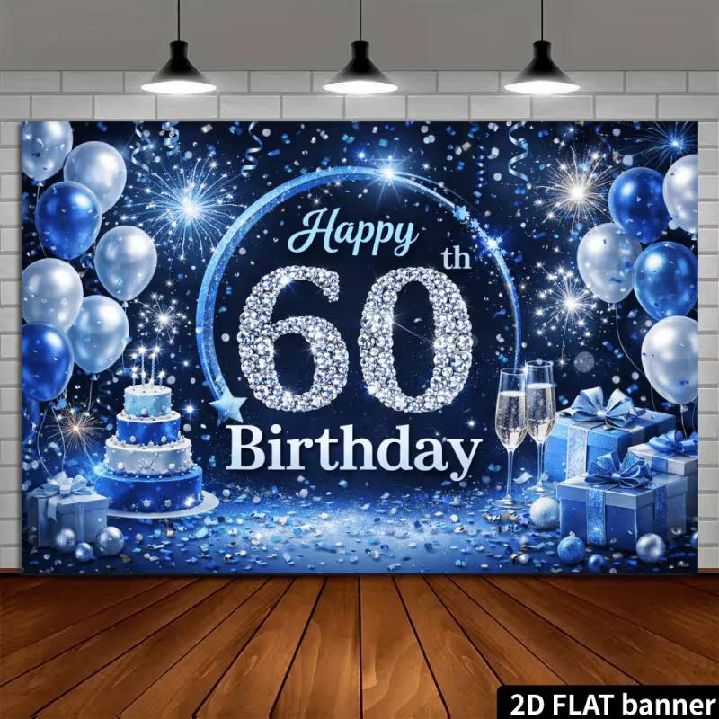2D Blue Silver Themed 60th Birthday with Confetti & Sparkles Photography Background